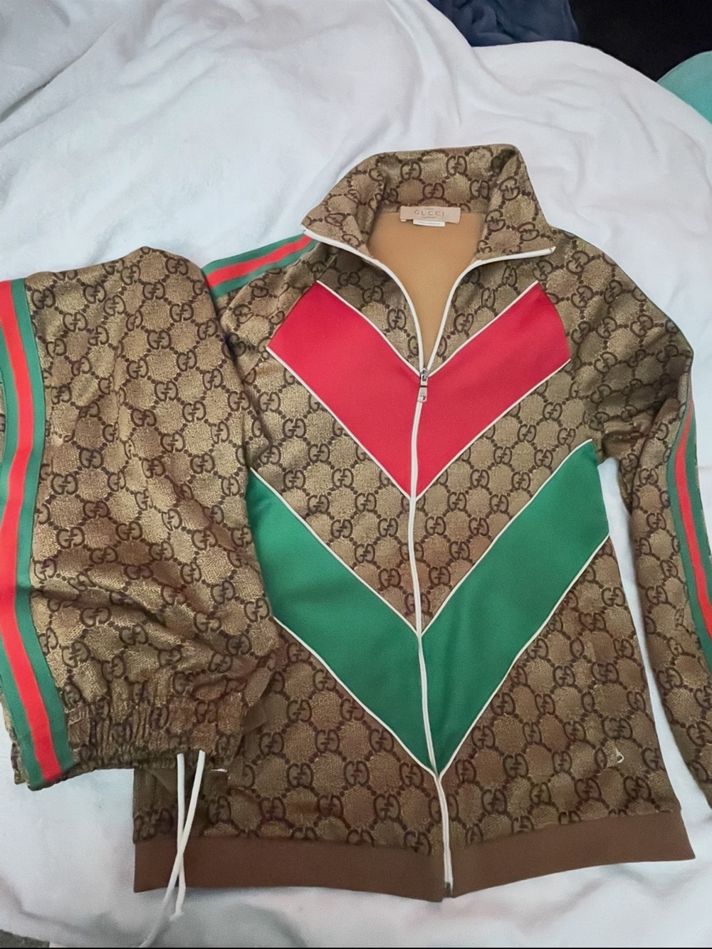 Gucci Brown Monogram Track Jacket with Red & Green Chevron and Pants. Unisex
